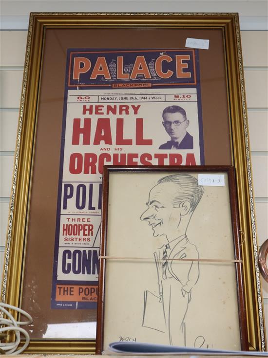Percy Hutchinson, charcoal sketch, Poli, together with Palace, Blackpool theatre poster June 1944 with Poli as supporting act to He
